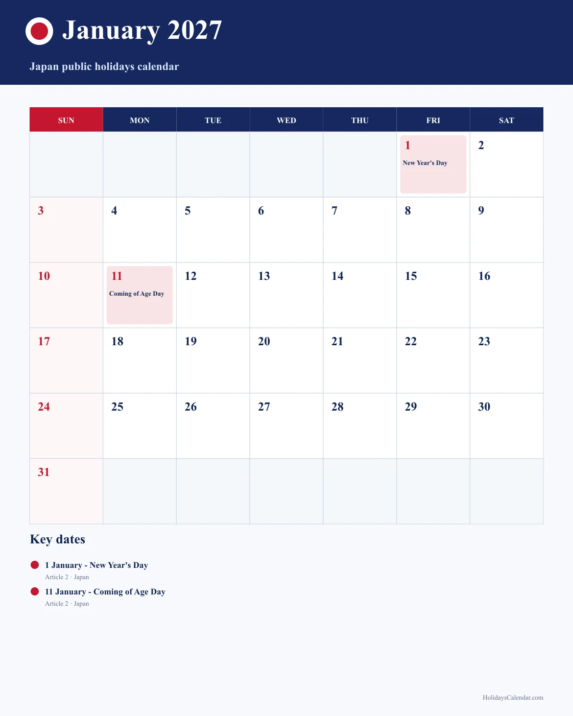 Japan January 2027 Public Holidays Calendar Japan public holidays January 2027 calendar image with New Year's Day and Coming of Age Day highlighted