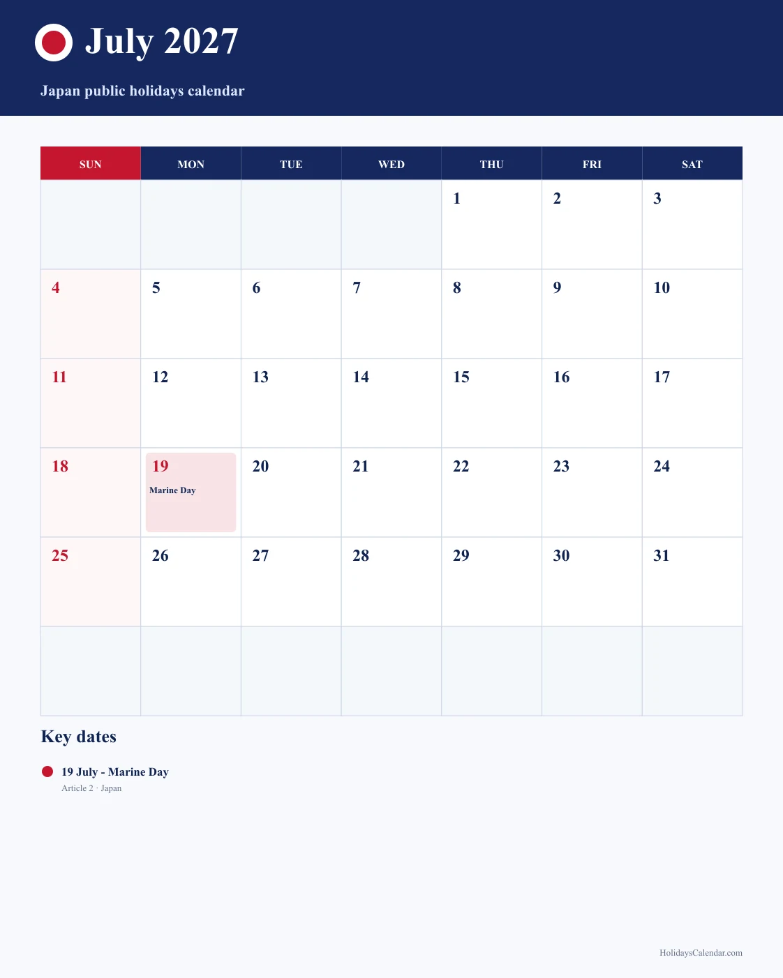 Japan July 2027 Public Holidays Calendar Japan public holidays July 2027 calendar image with Marine Day highlighted