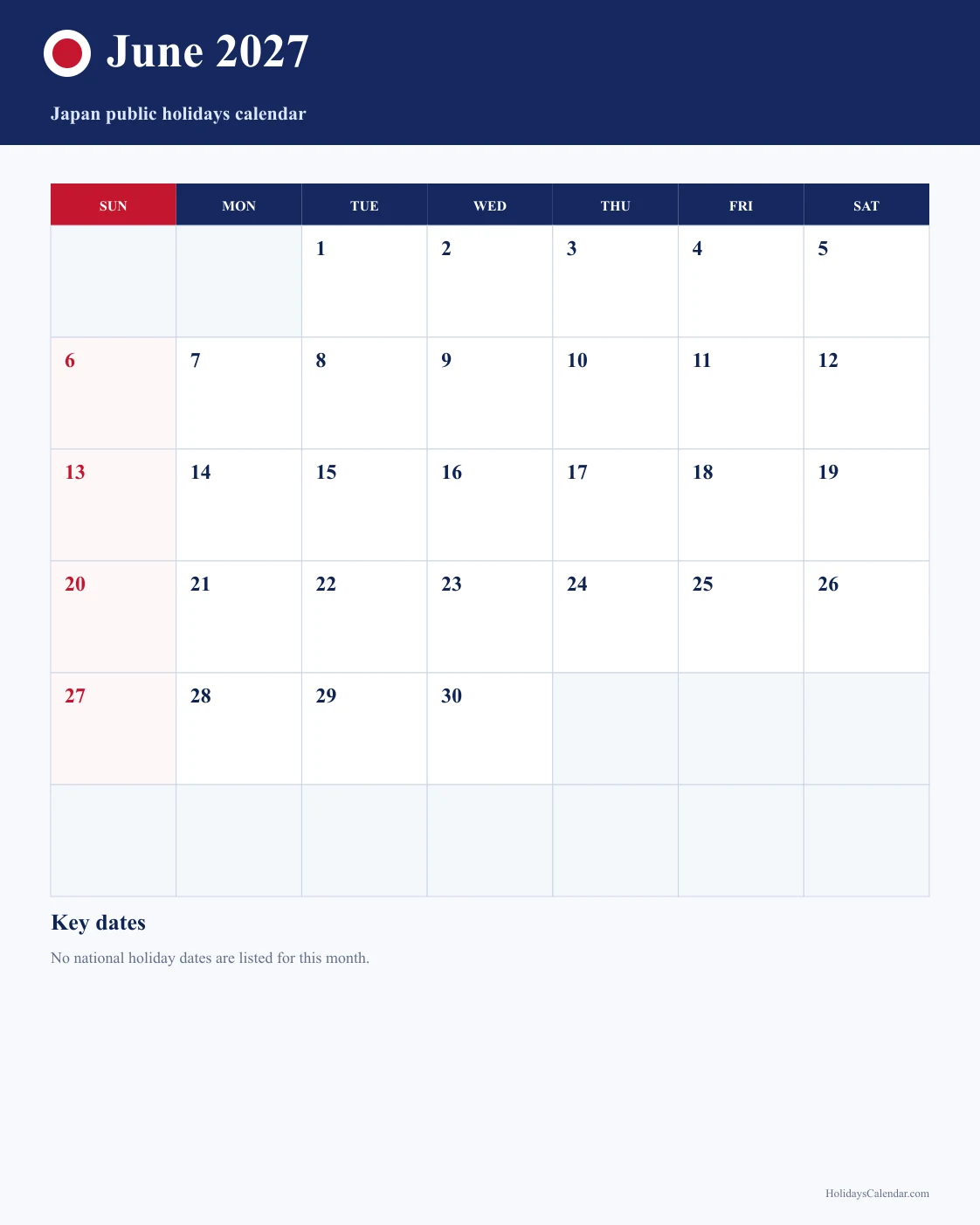 Japan June 2027 Public Holidays Calendar Japan public holidays June 2027 calendar image with no national holiday dates marked