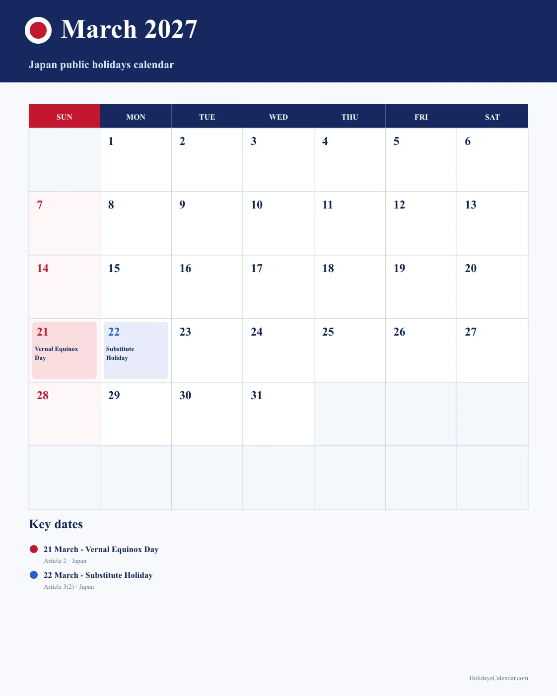 Japan March 2027 Public Holidays Calendar Japan public holidays March 2027 calendar image with Vernal Equinox Day and Substitute Holiday highlighted