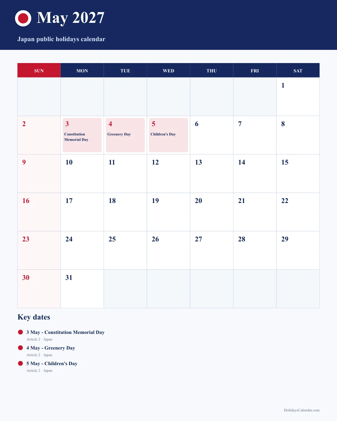 Japan May 2027 Public Holidays Calendar Japan public holidays May 2027 calendar image with Constitution Memorial Day, Greenery Day, and Children's Day highlighted