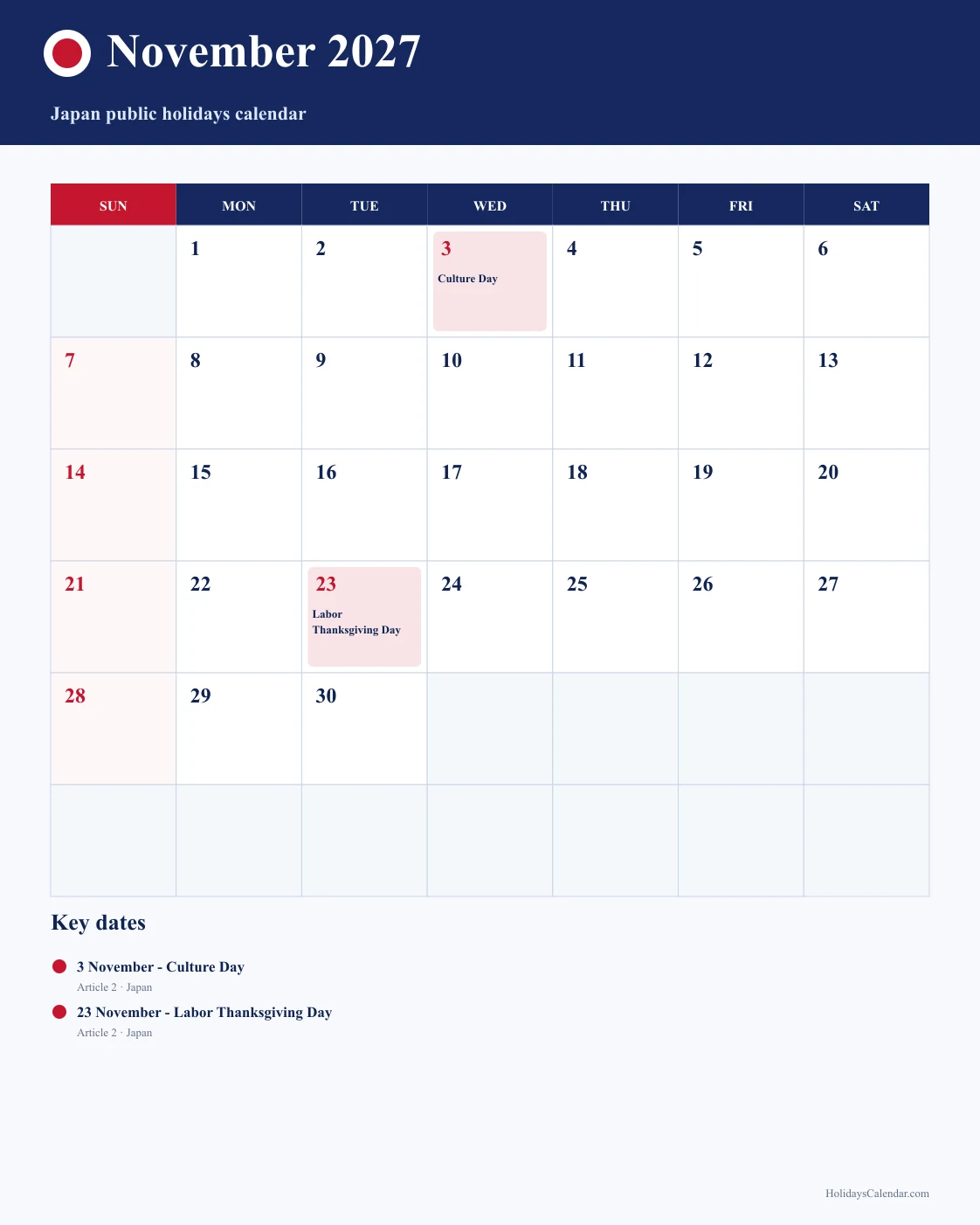 Japan November 2027 Public Holidays Calendar Japan public holidays November 2027 calendar image with Culture Day and Labor Thanksgiving Day highlighted