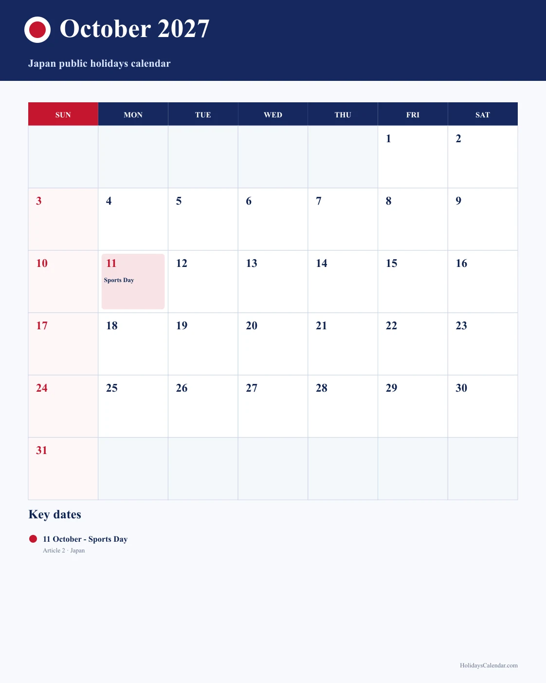 Japan October 2027 Public Holidays Calendar Japan public holidays October 2027 calendar image with Sports Day highlighted