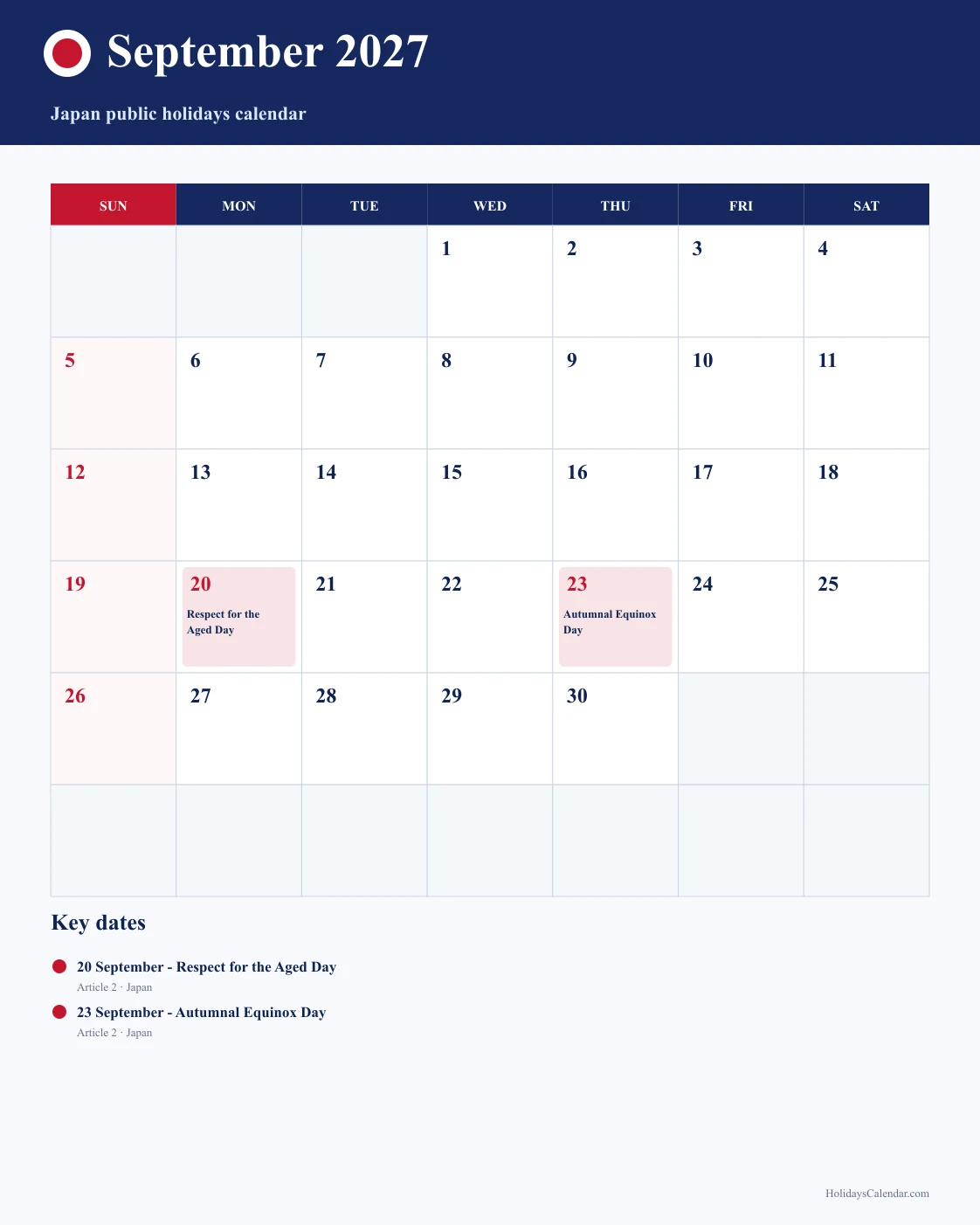 Japan September 2027 Public Holidays Calendar Japan public holidays September 2027 calendar image with Respect for the Aged Day and Autumnal Equinox Day highlighted
