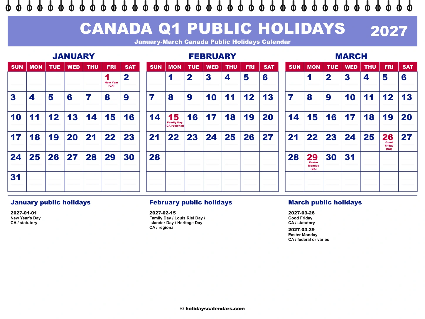 Canada public holidays Q1 2027 quarterly calendar image with holiday dates highlighted