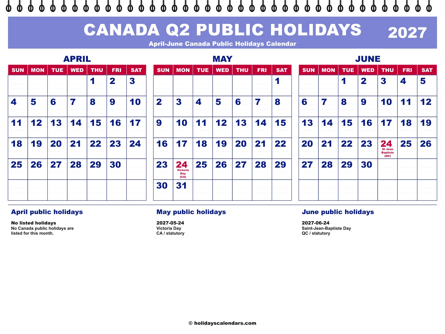 Canada public holidays Q2 2027 quarterly calendar image with holiday dates highlighted