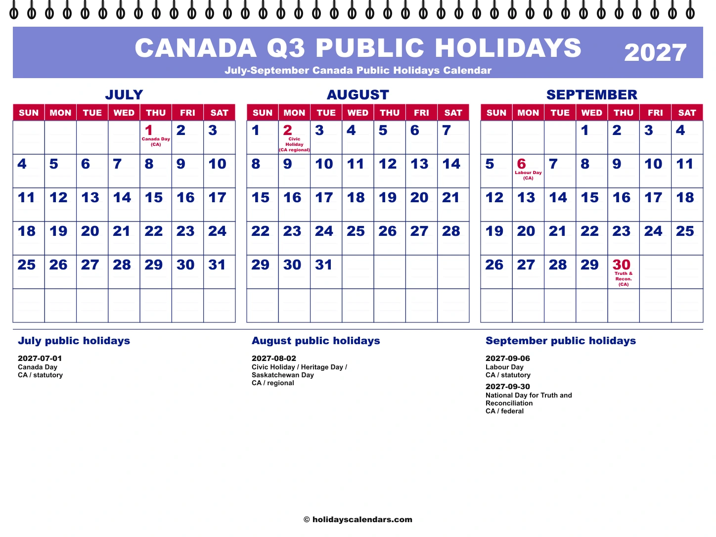 Canada public holidays Q3 2027 quarterly calendar image with holiday dates highlighted