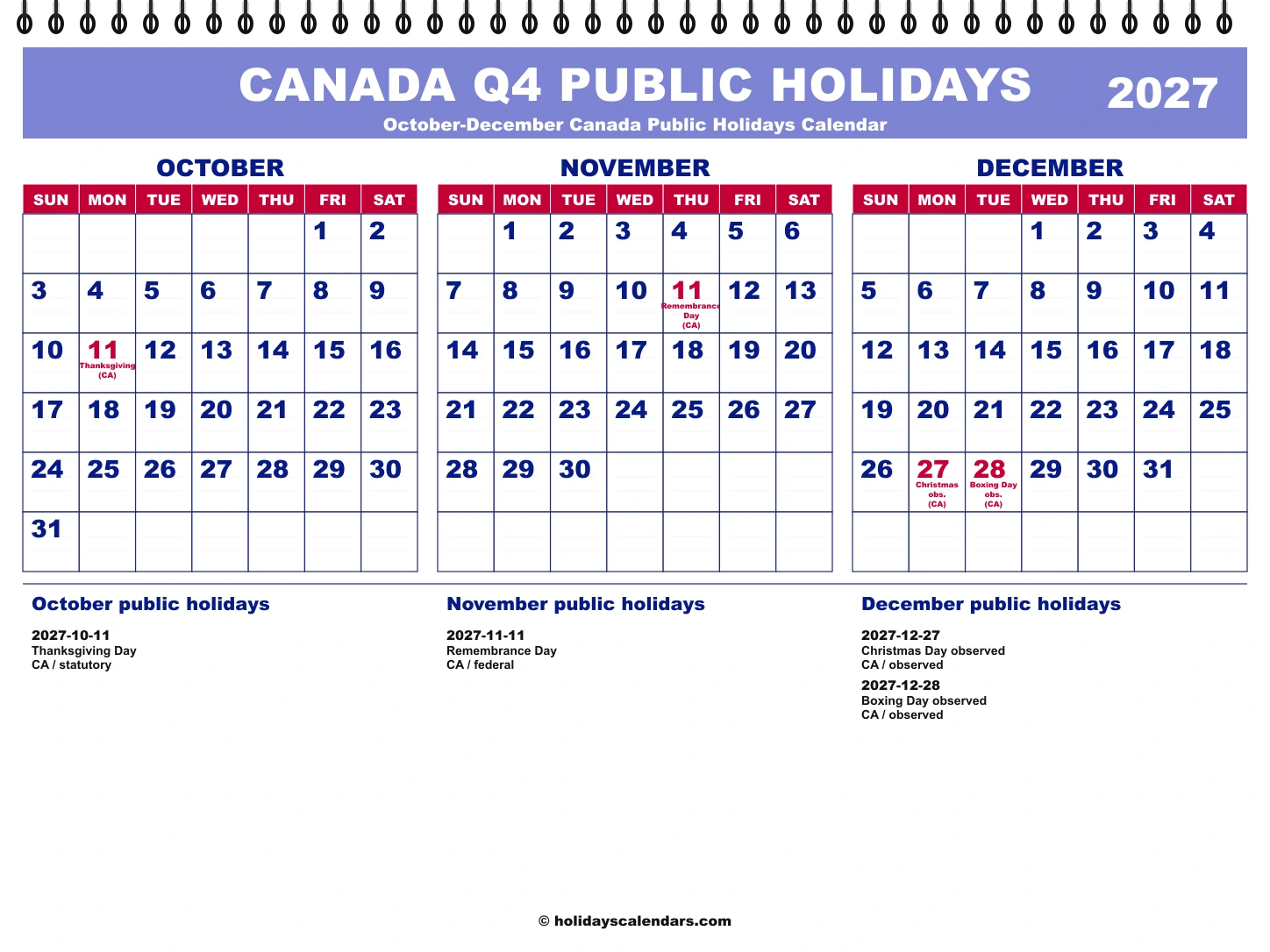 Canada public holidays Q4 2027 quarterly calendar image with holiday dates highlighted