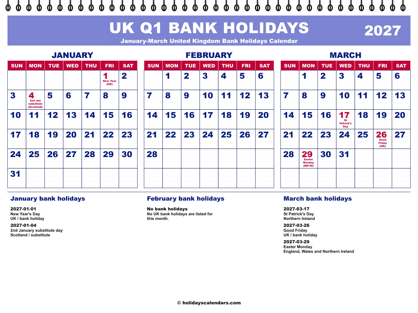 United Kingdom bank holidays Q1 2027 quarterly calendar image with holiday dates highlighted