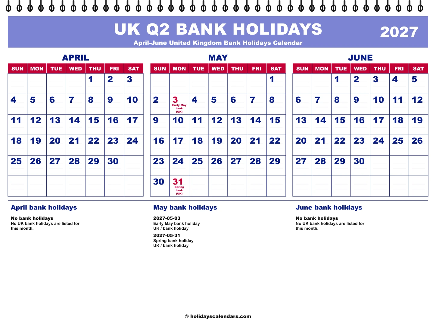 United Kingdom bank holidays Q2 2027 quarterly calendar image with holiday dates highlighted