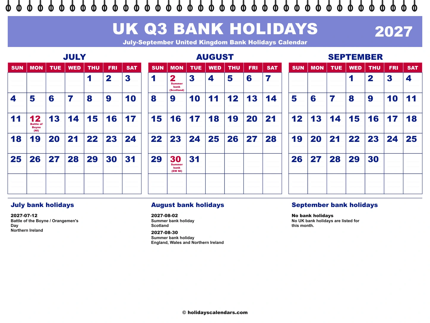 United Kingdom bank holidays Q3 2027 quarterly calendar image with holiday dates highlighted