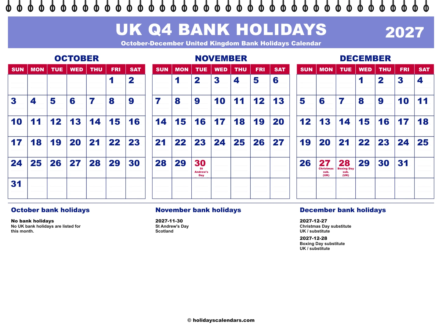 United Kingdom bank holidays Q4 2027 quarterly calendar image with holiday dates highlighted