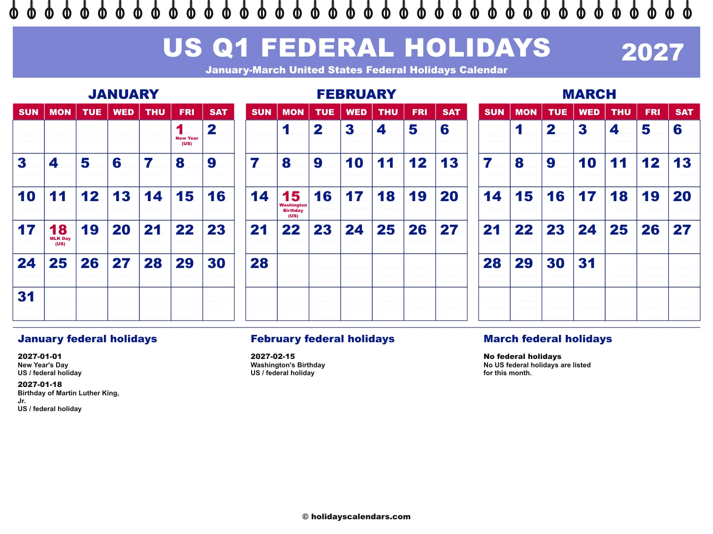 United States federal holidays Q1 2027 quarterly calendar image with holiday dates highlighted