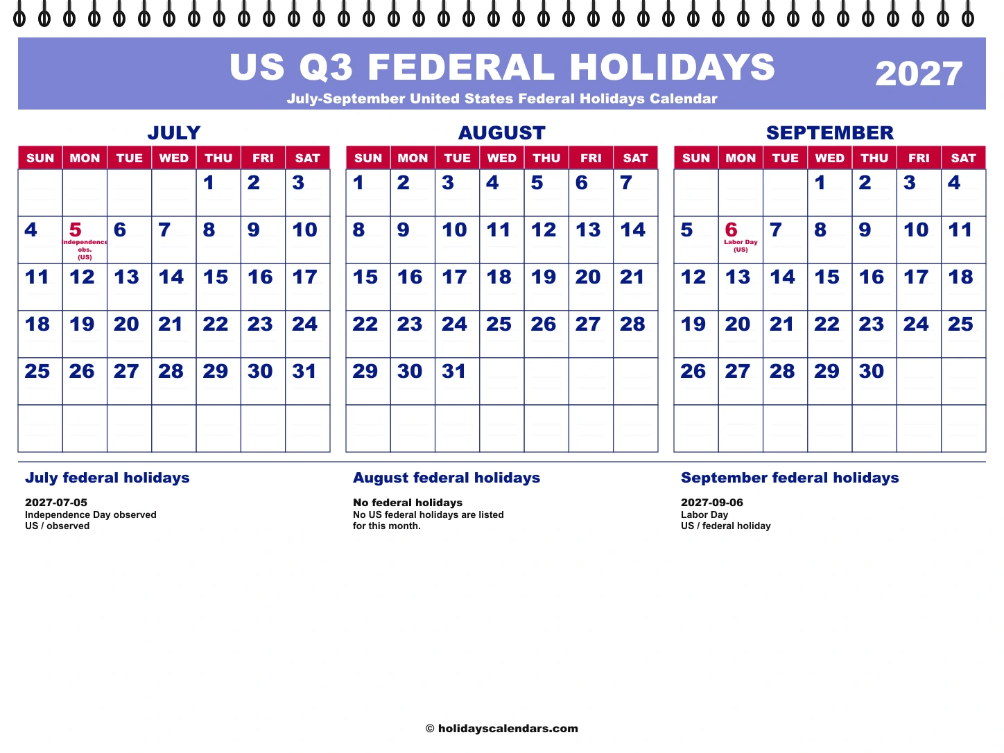 United States federal holidays Q3 2027 quarterly calendar image with holiday dates highlighted