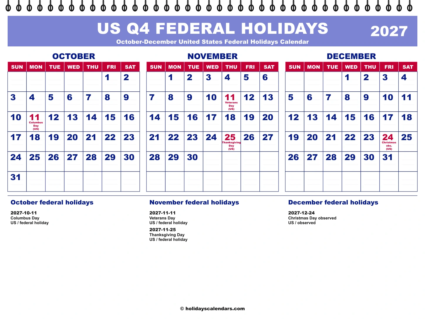United States federal holidays Q4 2027 quarterly calendar image with holiday dates highlighted