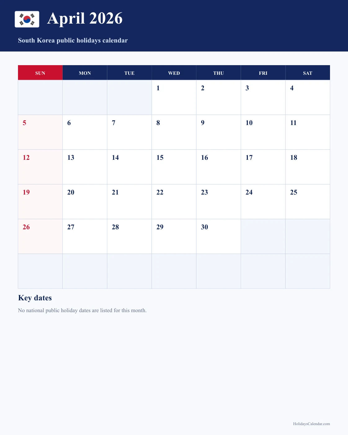 South Korea April 2026 Public Holidays Calendar South Korea public holidays April 2026 calendar with no national public holiday dates marked