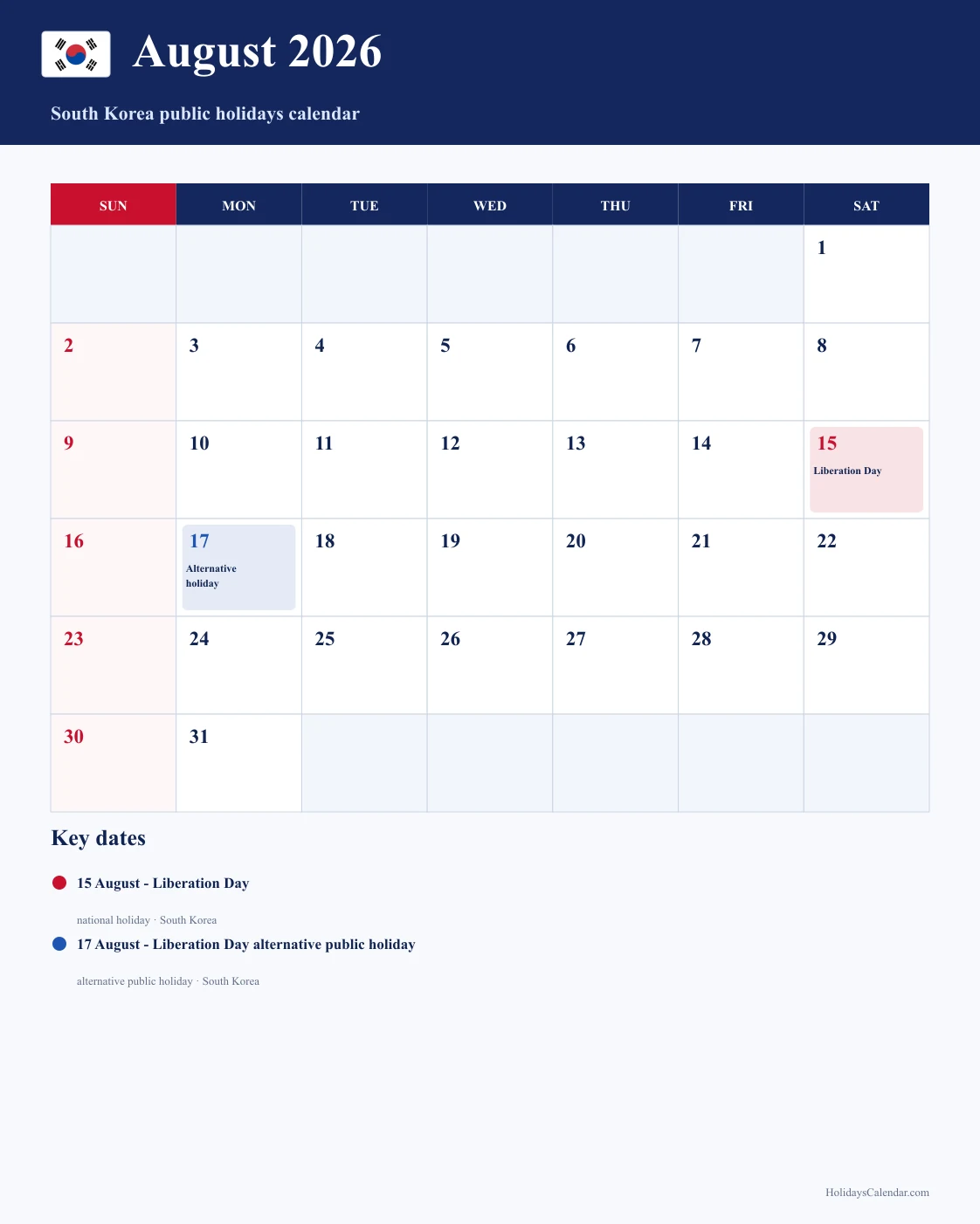 South Korea August 2026 Public Holidays Calendar South Korea public holidays August 2026 calendar with Liberation Day and Liberation Day alternative public holiday highlighted