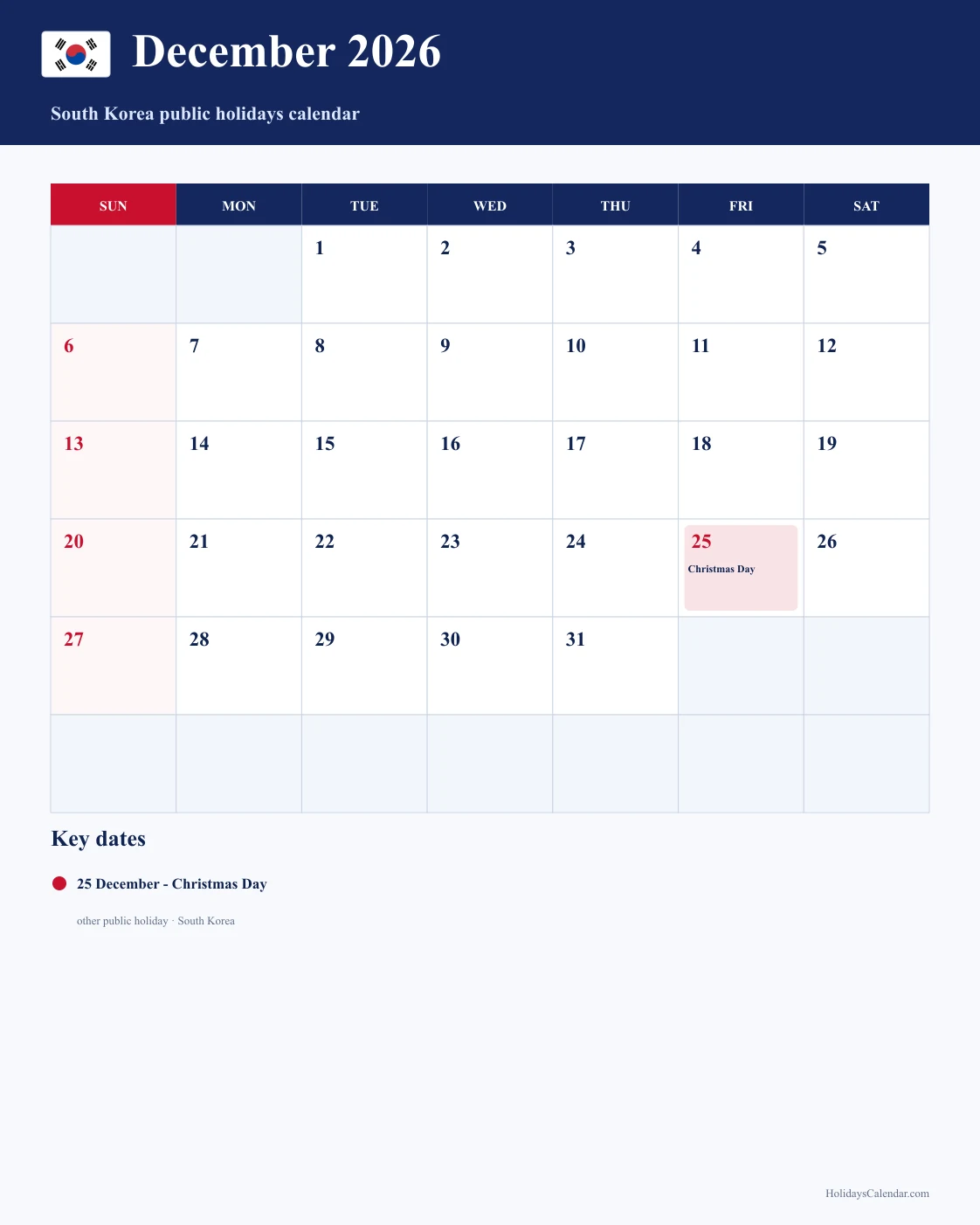 South Korea December 2026 Public Holidays Calendar South Korea public holidays December 2026 calendar with Christmas Day highlighted