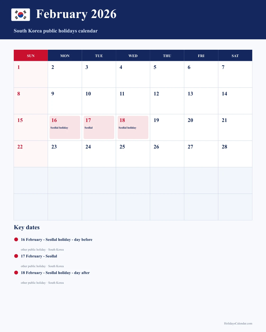 South Korea February 2026 Public Holidays Calendar South Korea public holidays February 2026 calendar with Seollal holiday - day before, Seollal, and Seollal holiday - day after highlighted