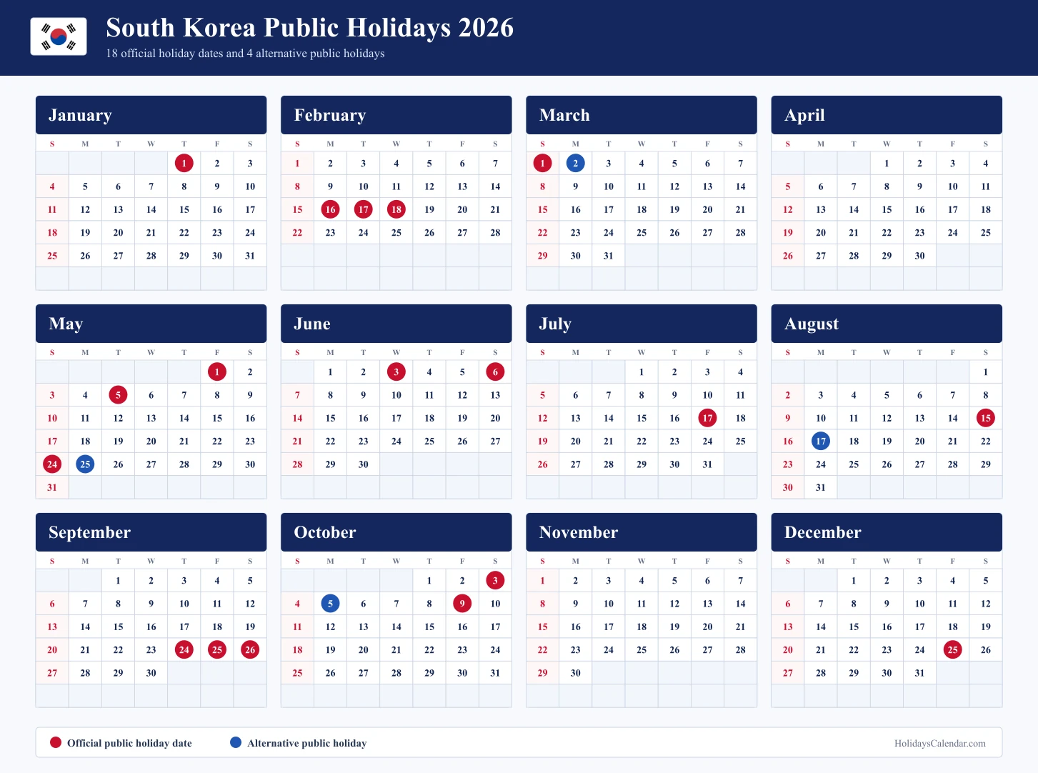 South Korea Public Holidays 2026 Full-Year Calendar South Korea public holidays 2026 full-year calendar with official and alternative public holiday dates