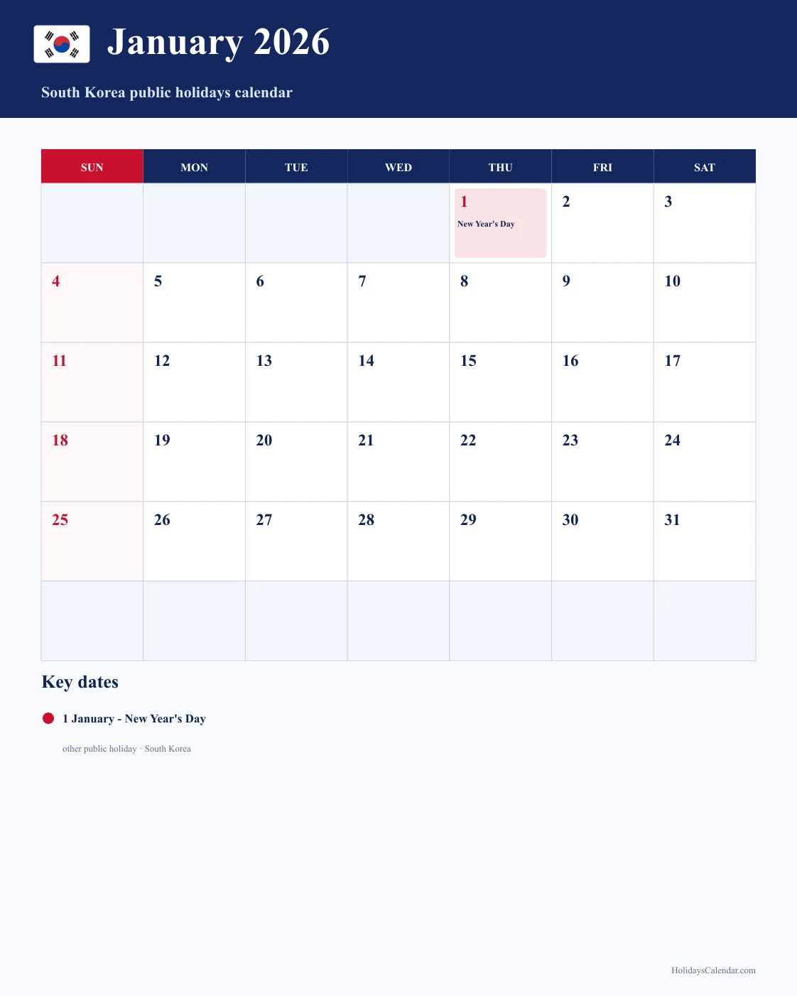 South Korea January 2026 Public Holidays Calendar South Korea public holidays January 2026 calendar with New Year's Day highlighted