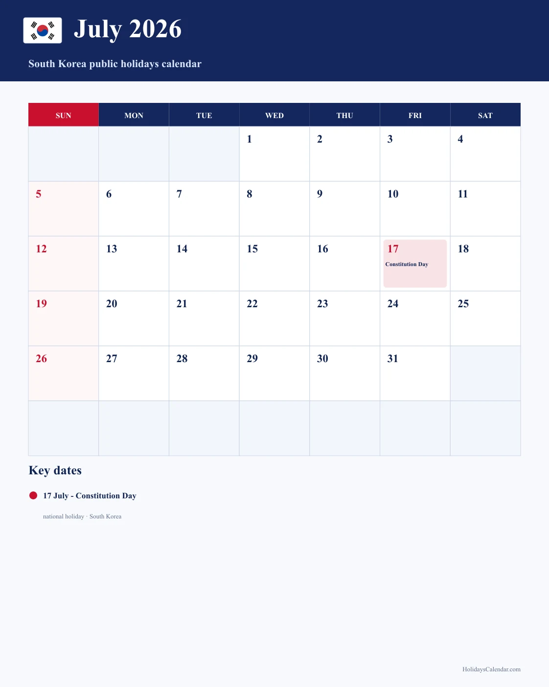 South Korea July 2026 Public Holidays Calendar South Korea public holidays July 2026 calendar with Constitution Day highlighted