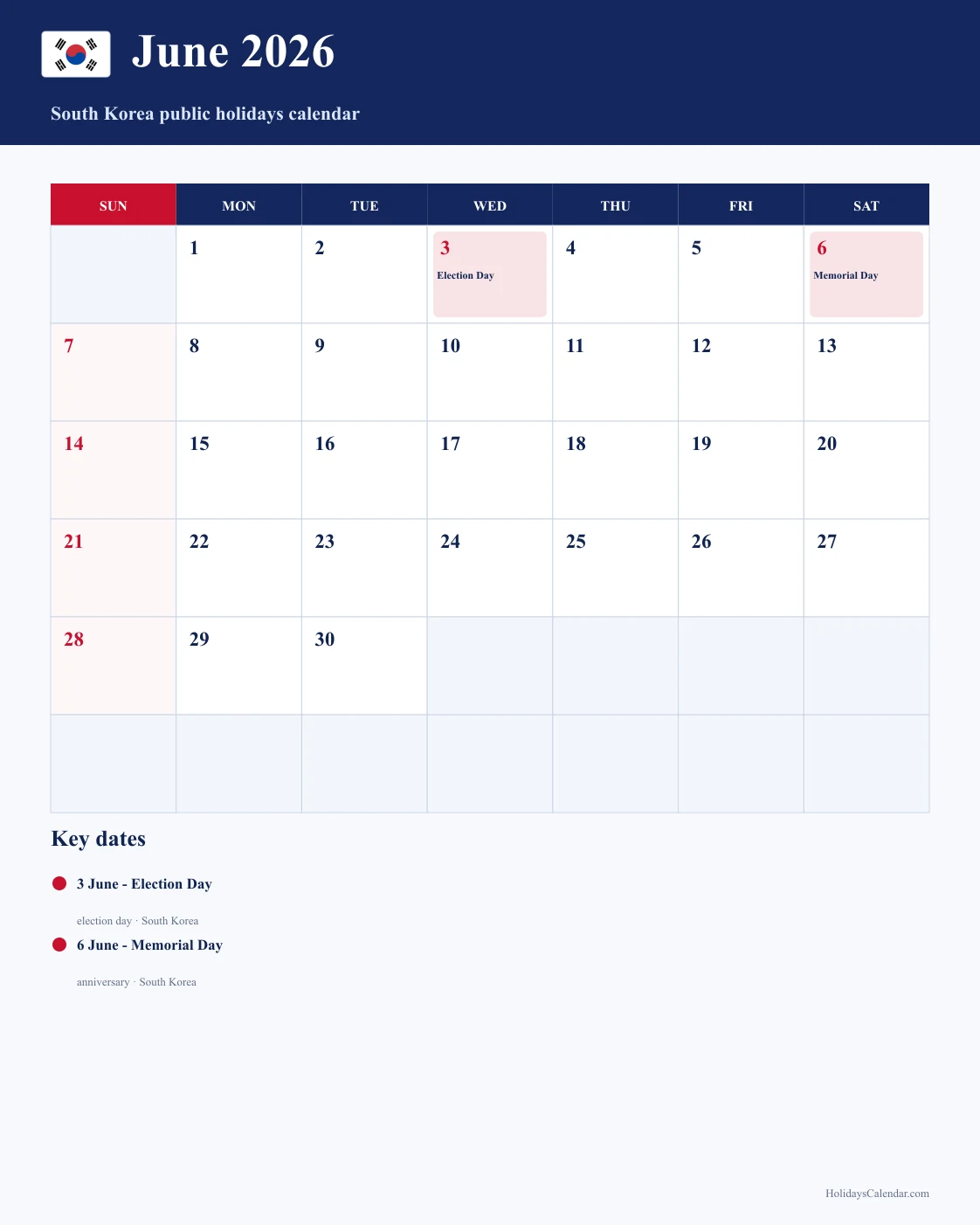 South Korea June 2026 Public Holidays Calendar South Korea public holidays June 2026 calendar with Election Day and Memorial Day highlighted