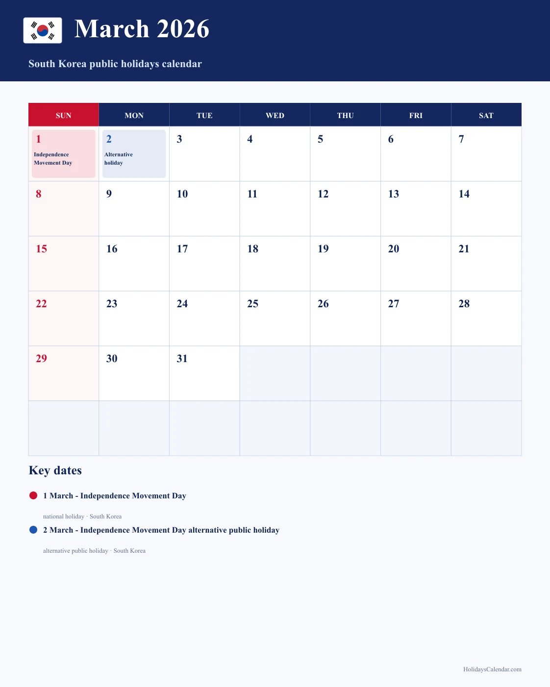 South Korea March 2026 Public Holidays Calendar South Korea public holidays March 2026 calendar with Independence Movement Day and Independence Movement Day alternative public holiday highlighted