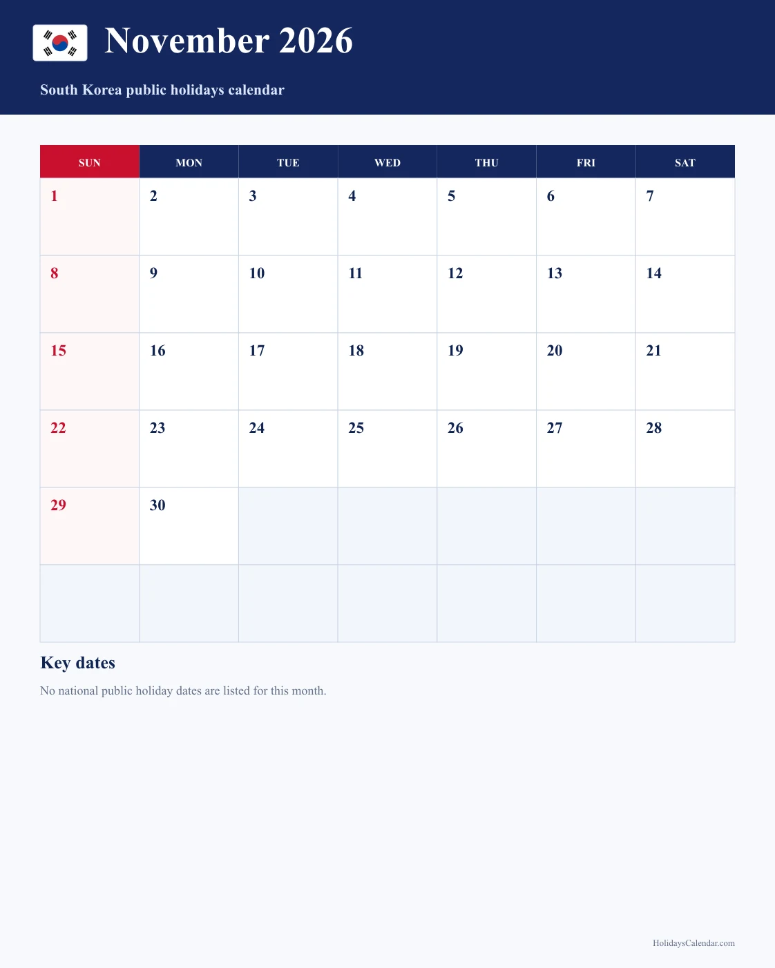 South Korea November 2026 Public Holidays Calendar South Korea public holidays November 2026 calendar with no national public holiday dates marked