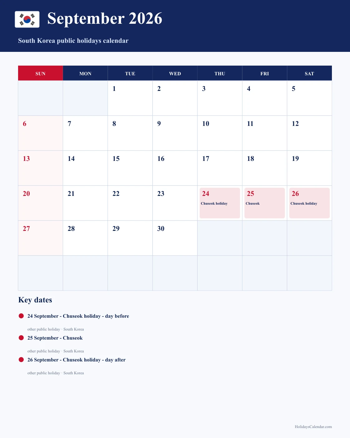 South Korea September 2026 Public Holidays Calendar South Korea public holidays September 2026 calendar with Chuseok holiday - day before, Chuseok, and Chuseok holiday - day after highlighted