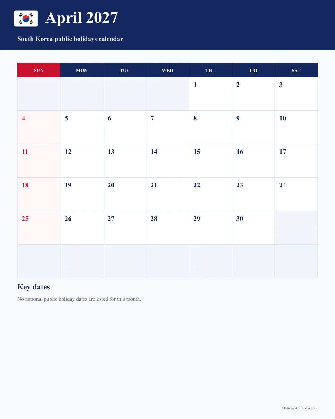 South Korea April 2027 Public Holidays Calendar South Korea public holidays April 2027 calendar with no national public holiday dates marked