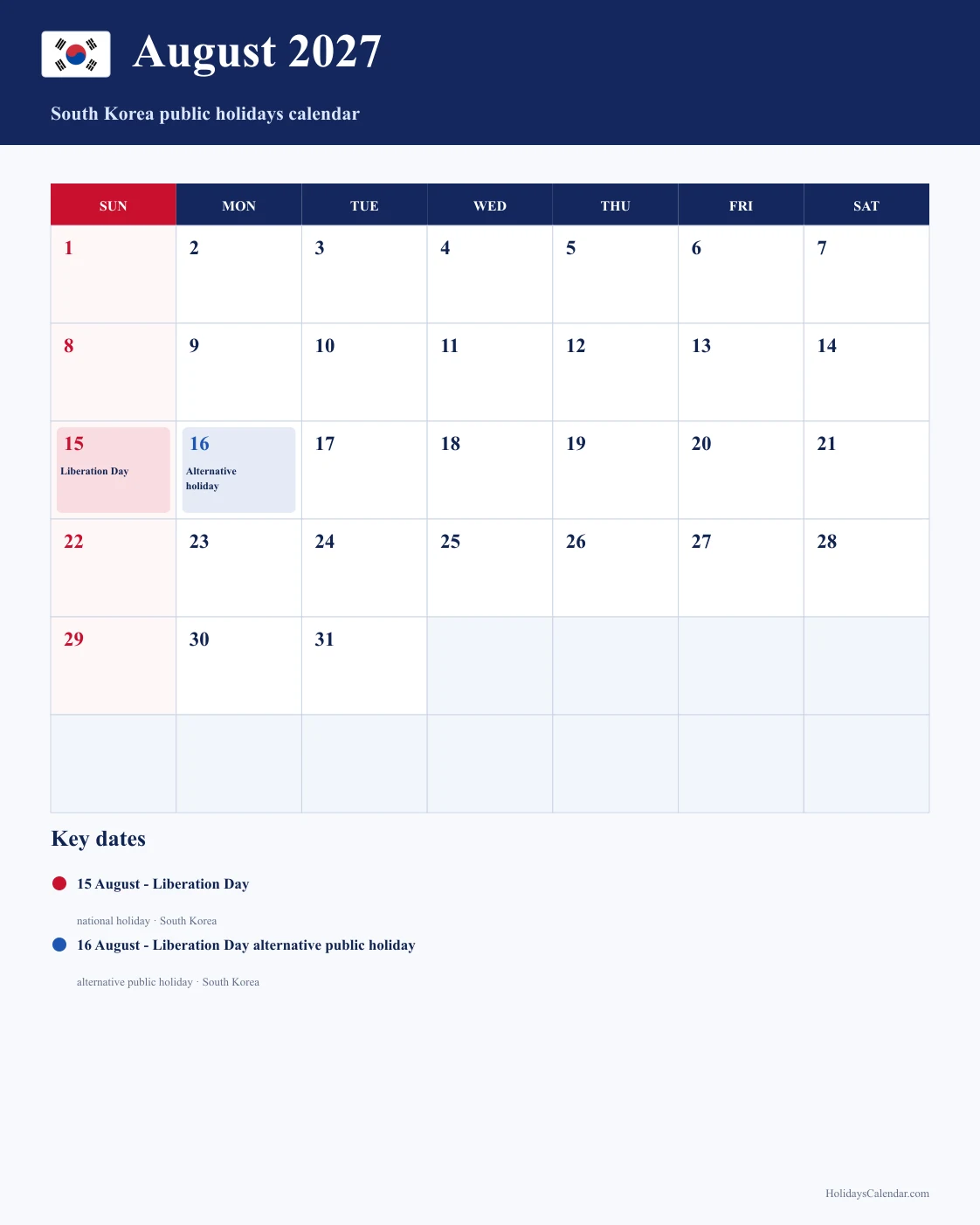 South Korea August 2027 Public Holidays Calendar South Korea public holidays August 2027 calendar with Liberation Day and Liberation Day alternative public holiday highlighted