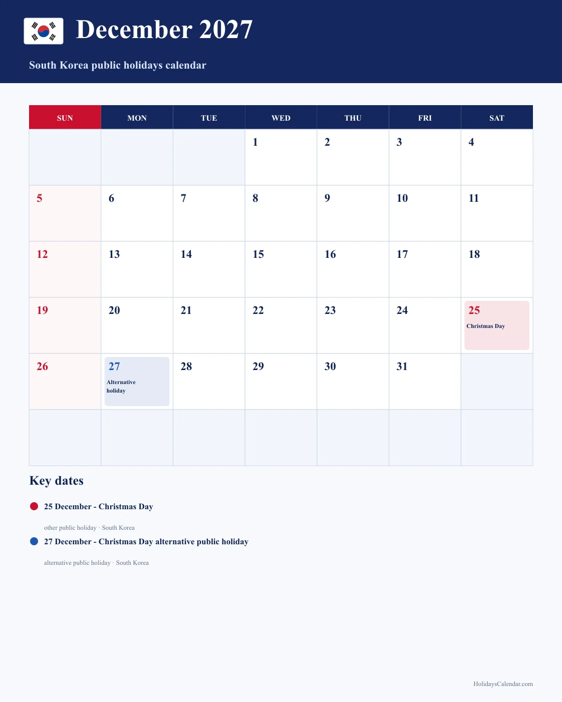 South Korea December 2027 Public Holidays Calendar South Korea public holidays December 2027 calendar with Christmas Day and Christmas Day alternative public holiday highlighted