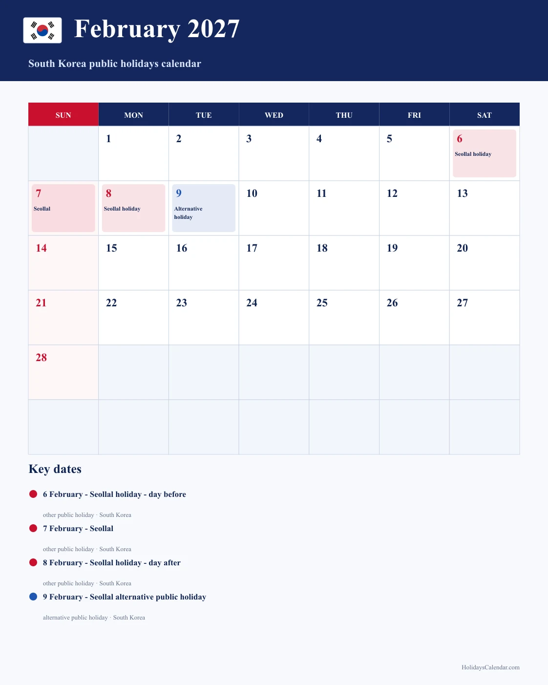 South Korea February 2027 Public Holidays Calendar South Korea public holidays February 2027 calendar with Seollal holiday - day before, Seollal, Seollal holiday - day after, and Seollal alternative public holiday highlighted