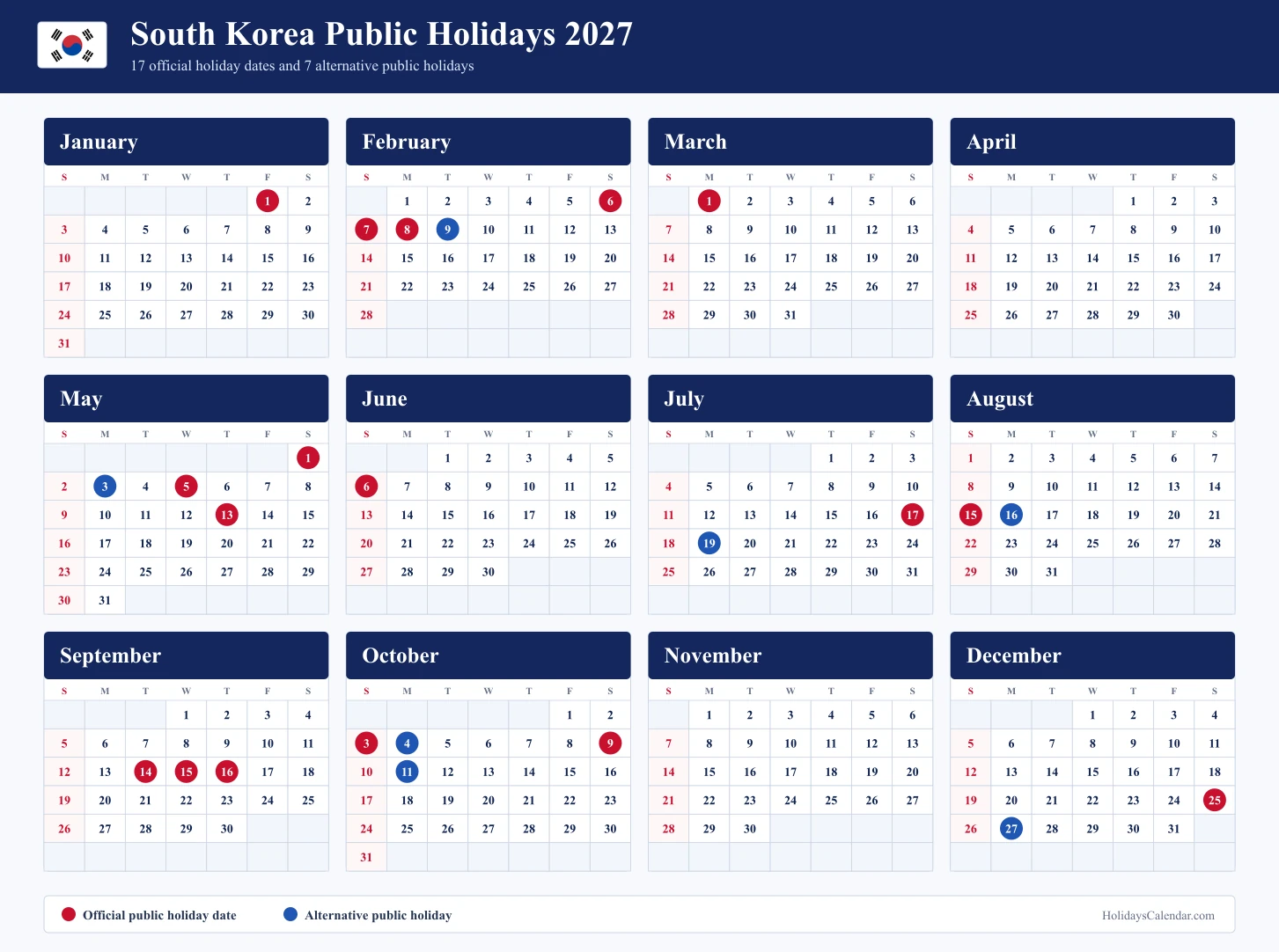 South Korea Public Holidays 2027 Full-Year Calendar South Korea public holidays 2027 full-year calendar with official and alternative public holiday dates