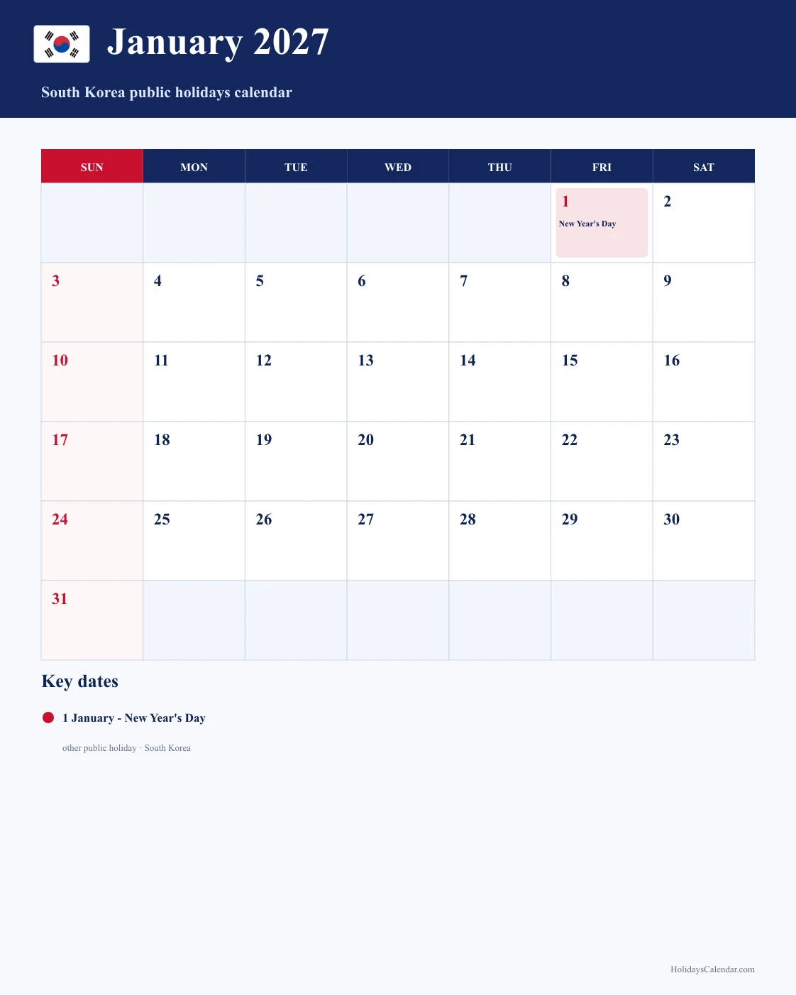 South Korea January 2027 Public Holidays Calendar South Korea public holidays January 2027 calendar with New Year's Day highlighted