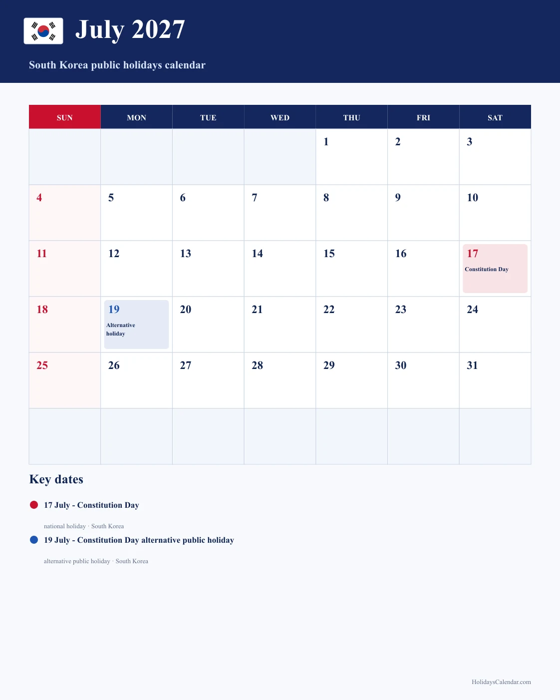 South Korea July 2027 Public Holidays Calendar South Korea public holidays July 2027 calendar with Constitution Day and Constitution Day alternative public holiday highlighted