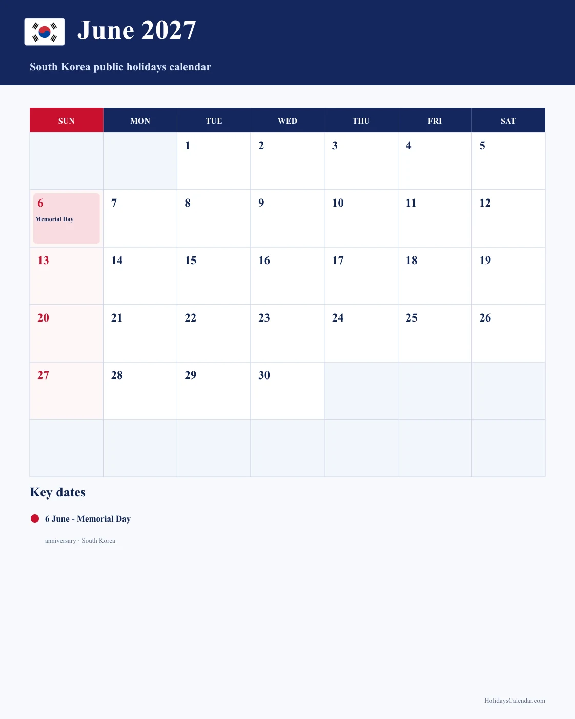 South Korea June 2027 Public Holidays Calendar South Korea public holidays June 2027 calendar with Memorial Day highlighted