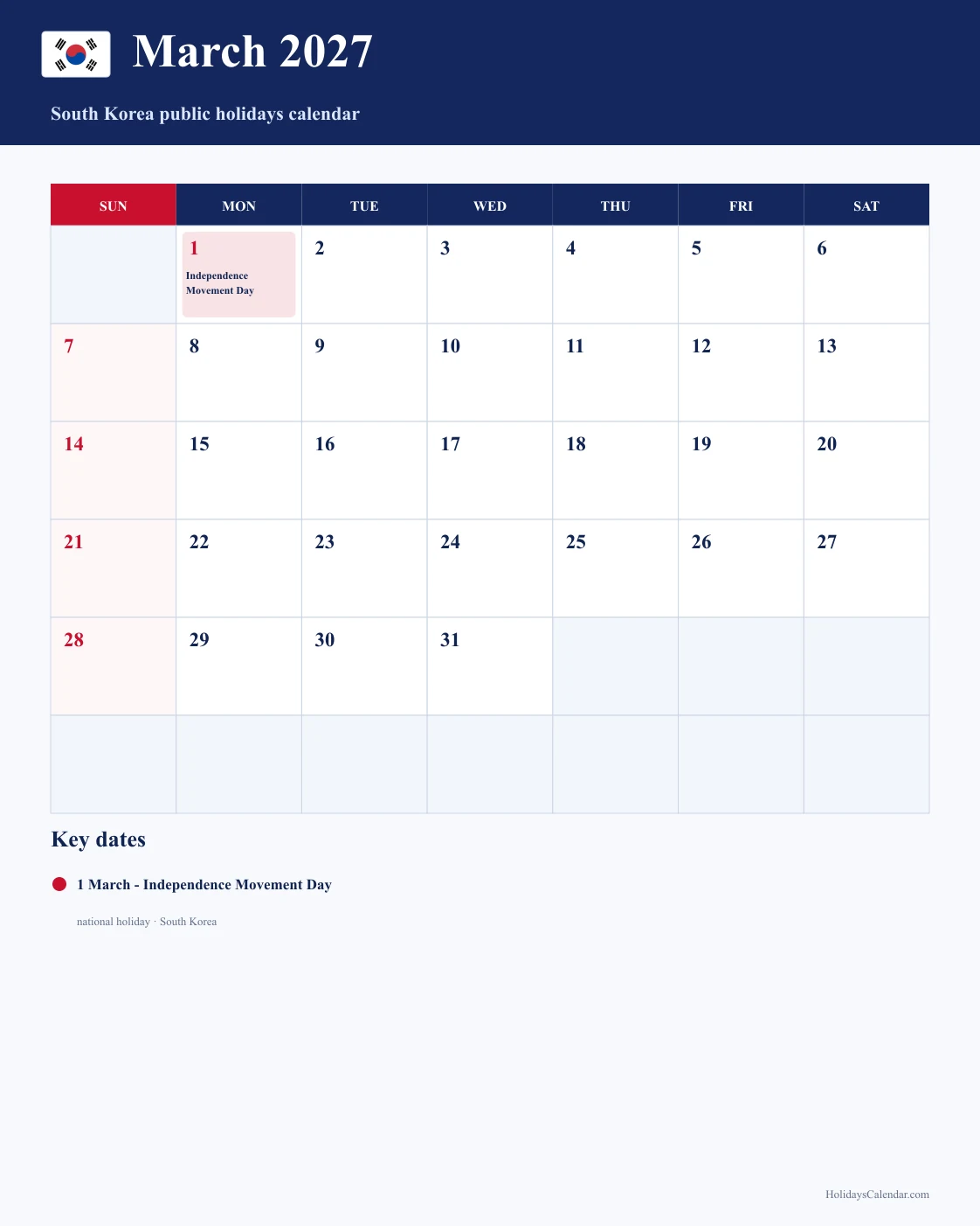 South Korea March 2027 Public Holidays Calendar South Korea public holidays March 2027 calendar with Independence Movement Day highlighted