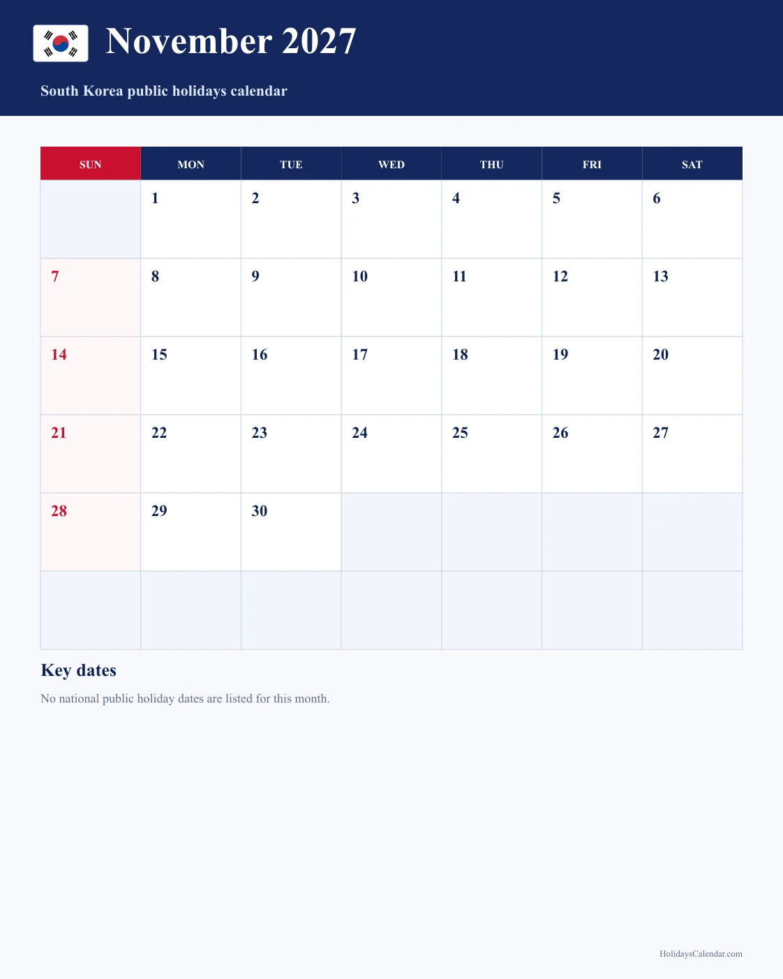 South Korea November 2027 Public Holidays Calendar South Korea public holidays November 2027 calendar with no national public holiday dates marked