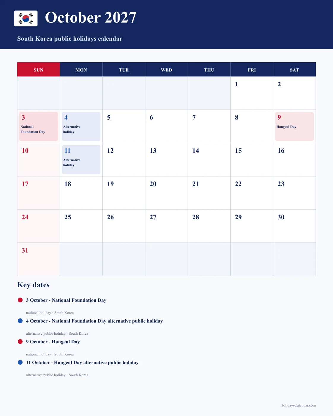 South Korea October 2027 Public Holidays Calendar South Korea public holidays October 2027 calendar with National Foundation Day, National Foundation Day alternative public holiday, Hangeul Day, and Hangeul Day alternative public holiday highlighted