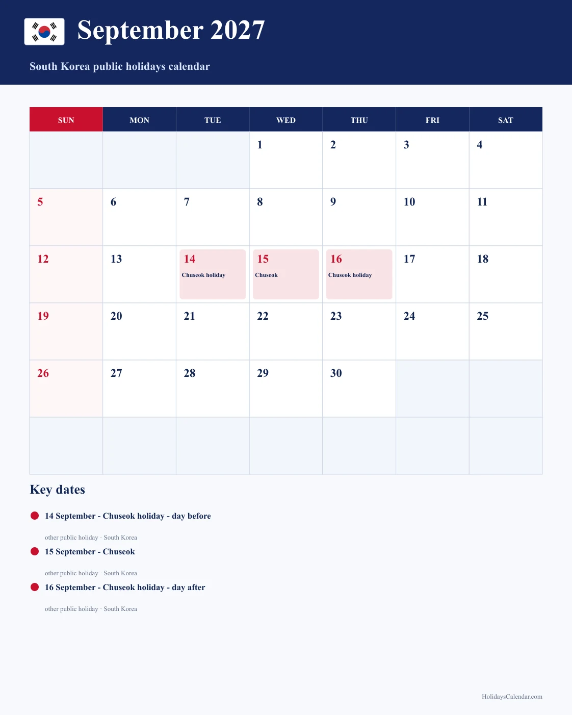 South Korea September 2027 Public Holidays Calendar South Korea public holidays September 2027 calendar with Chuseok holiday - day before, Chuseok, and Chuseok holiday - day after highlighted