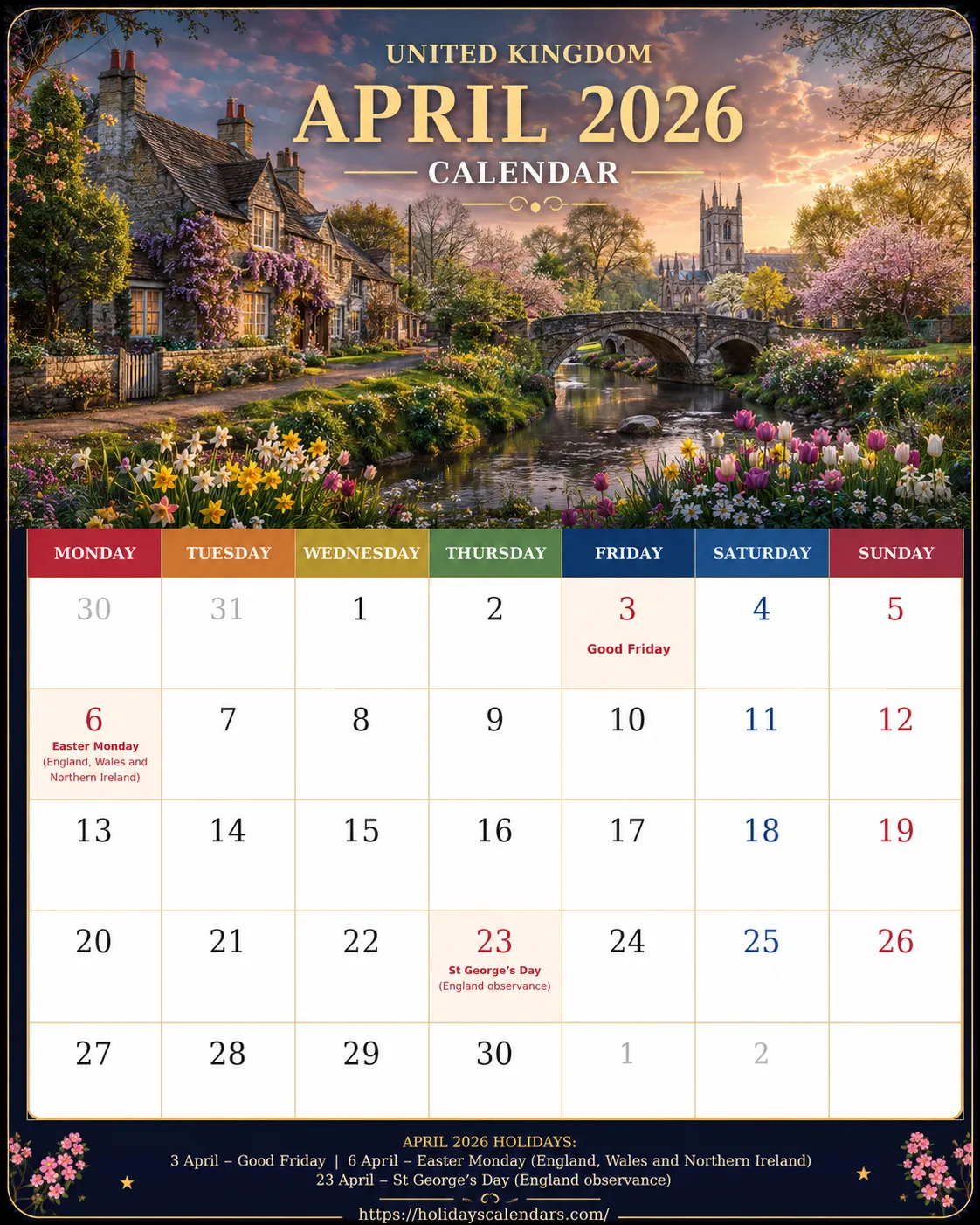 United Kingdom bank holidays April 2026 calendar image with Good Friday and Easter Monday