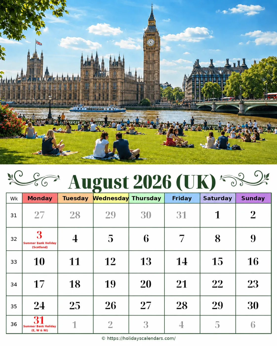 United Kingdom bank holidays August 2026 calendar image with Scotland and England Wales Northern Ireland summer bank holidays highlighted