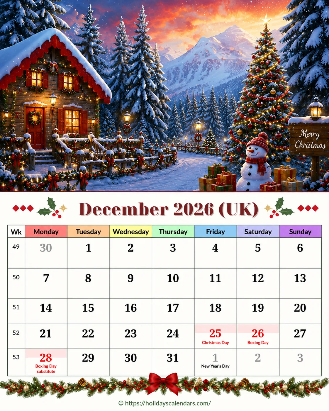 United Kingdom bank holidays December 2026 calendar image with Christmas Day and Boxing Day substitute date