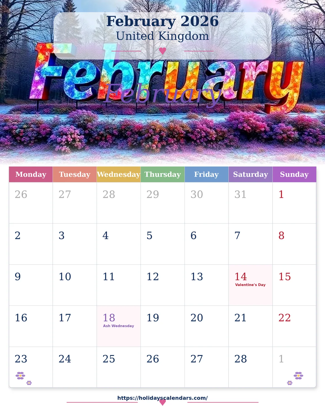United Kingdom bank holidays February 2026 calendar image for monthly planning