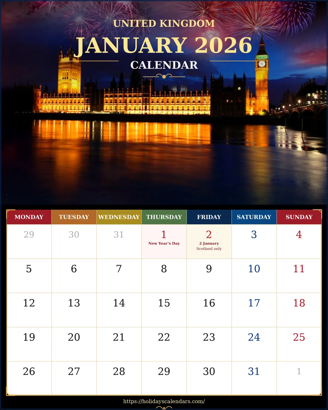 United Kingdom bank holidays January 2026 calendar image with New Year's Day and Scotland 2 January