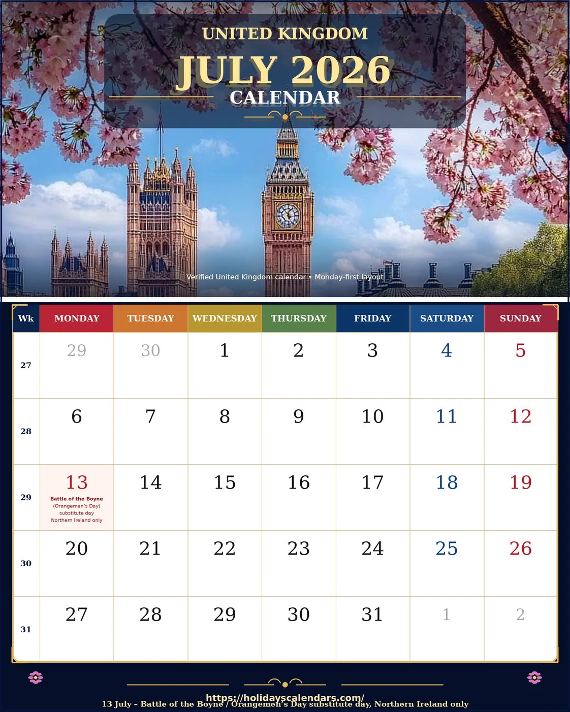 United Kingdom bank holidays July 2026 calendar image with Battle of the Boyne and substitute day highlighted