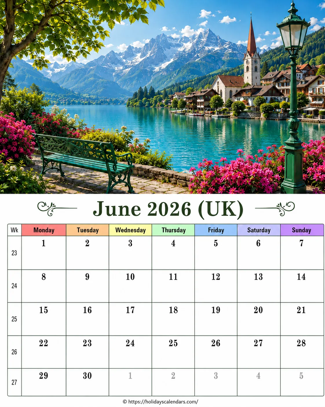 United Kingdom bank holidays June 2026 calendar image with Scotland's World Cup bank holiday