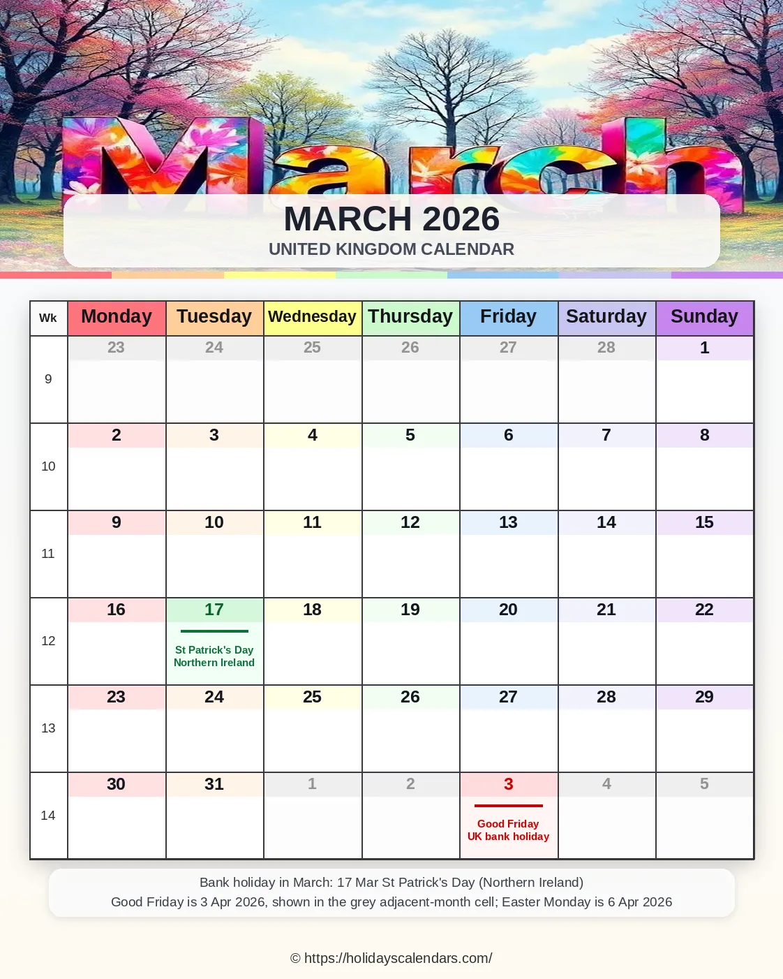 United Kingdom bank holidays March 2026 calendar image with St Patrick's Day in Northern Ireland